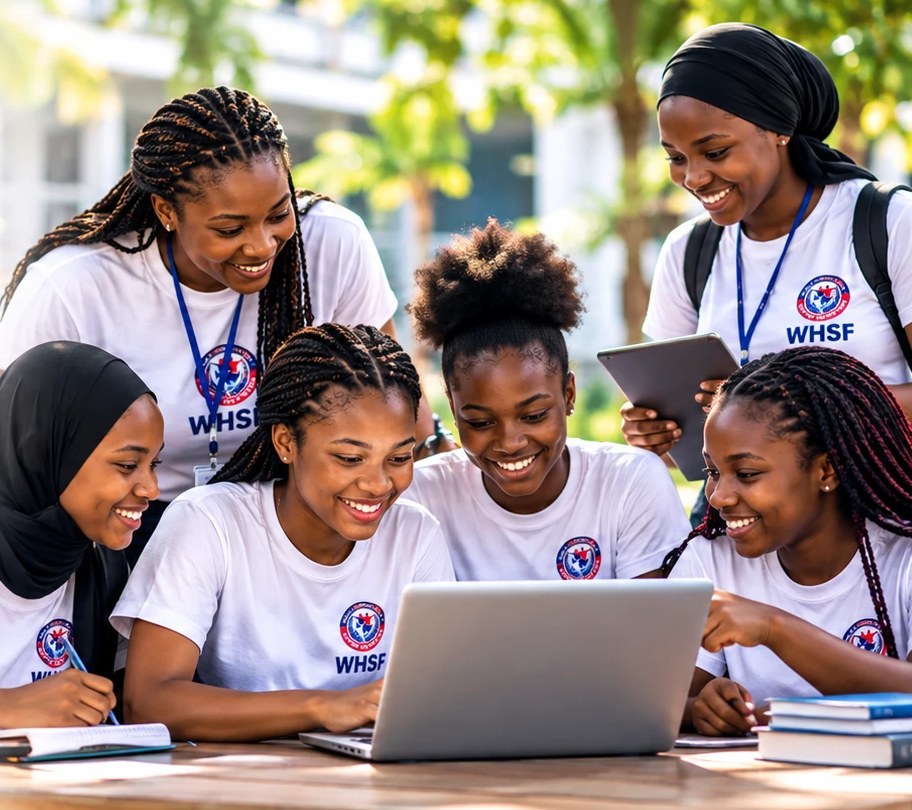 Young women in WHSF T-shirts smiling and working together on a laptop, tablet and notebook outdoors