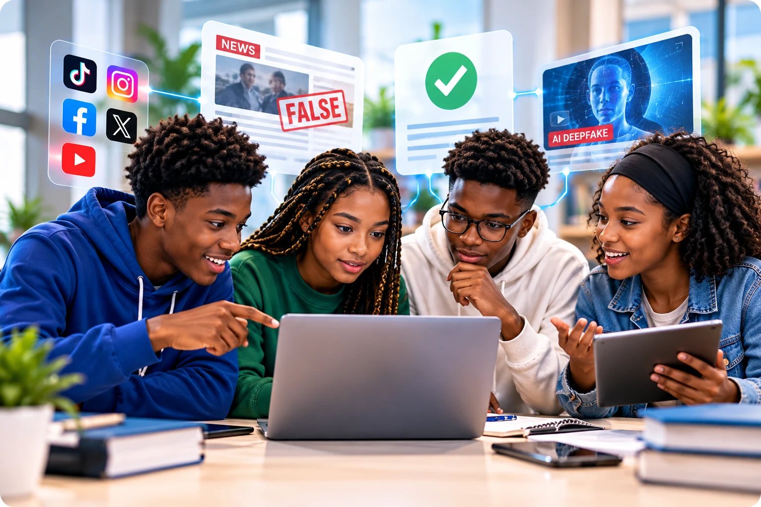 Four young adults checking a news story on a laptop, with floating cards marking a post as false, a verified tick and an AI deepfake warning