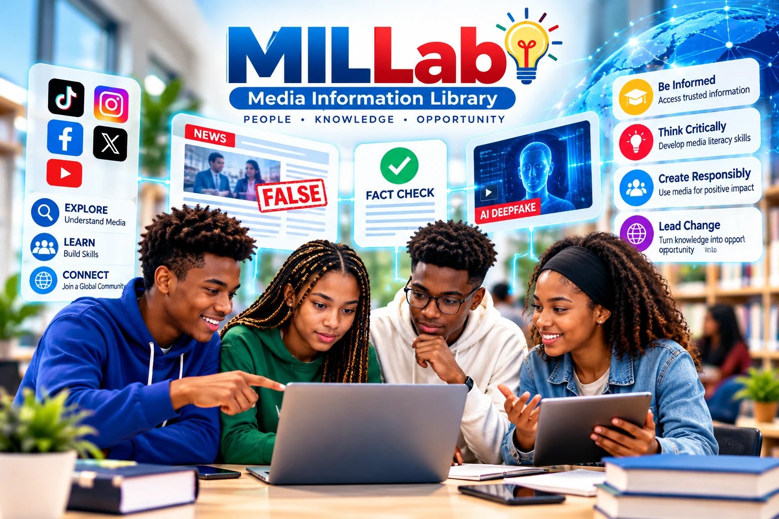 MIL Lab, Media Information Library: four young adults checking news at a laptop beside Explore, Learn, Connect and Be Informed, Think Critically, Create Responsibly, Lead Change