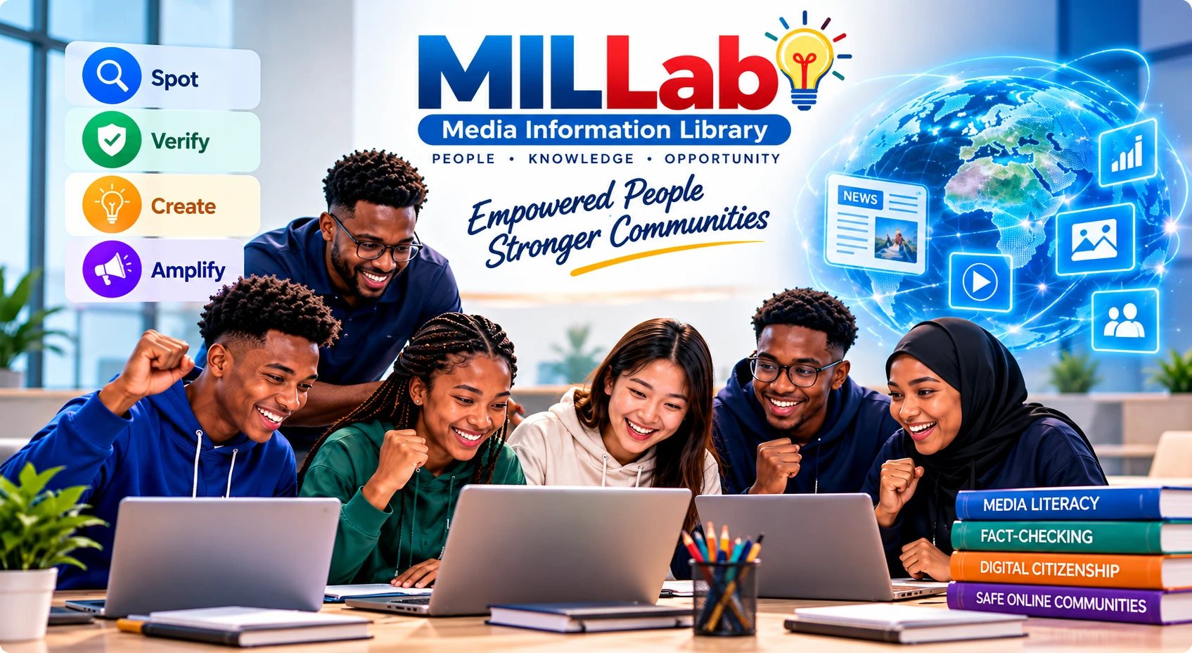 MIL Lab, Media Information Library: young people celebrating at laptops beside Spot, Verify, Create and Amplify, with the line Empowered People, Stronger Communities